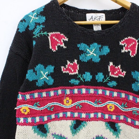 Vintage AKF Knit Sweater Womens Black Pullover Floral Embroidered Heavyweight M - Picture 3 of 9